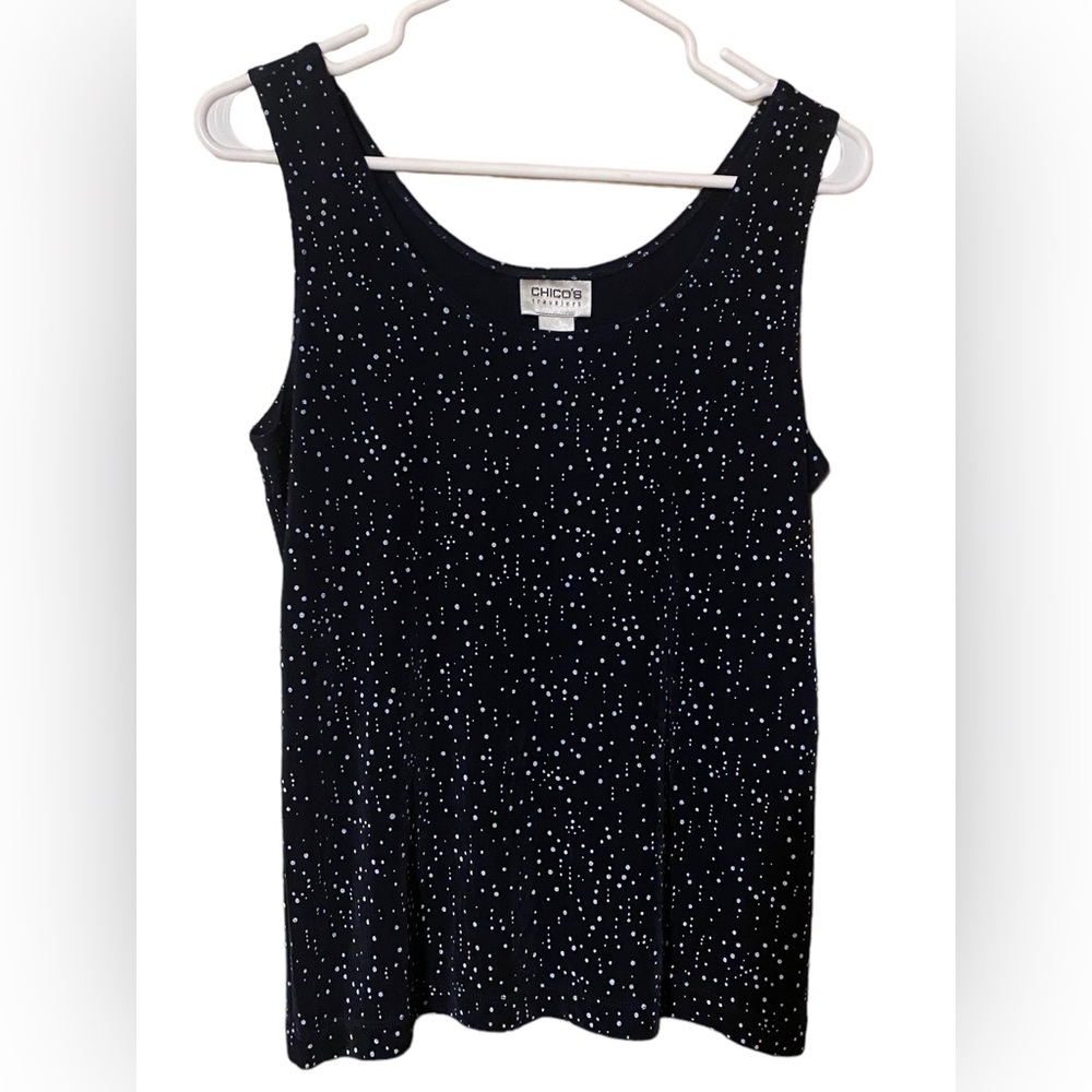 Chicos Travelers Sleeveless Blouse Womens 1 US 8 Medium Black Stretch Polka Dots